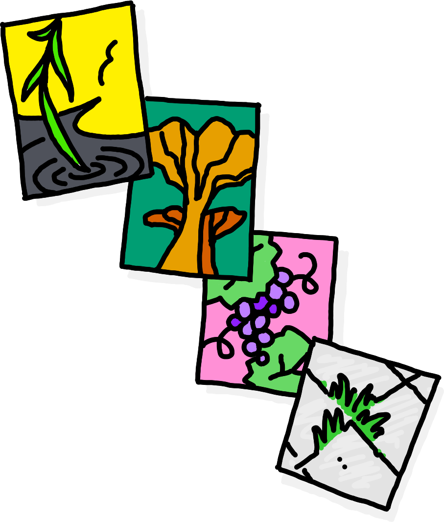 An illustration of the four emblems of Willow’s specifications laid out somewhat like playing cards.